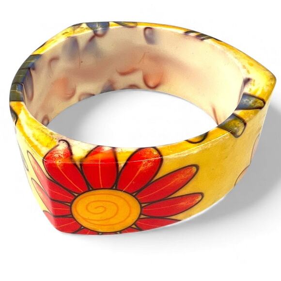 Vintage 70's Iris Sunflower Cold Enamel Bangle bracelet Cuff Daisy Bumblebee - Picture 4 of 7